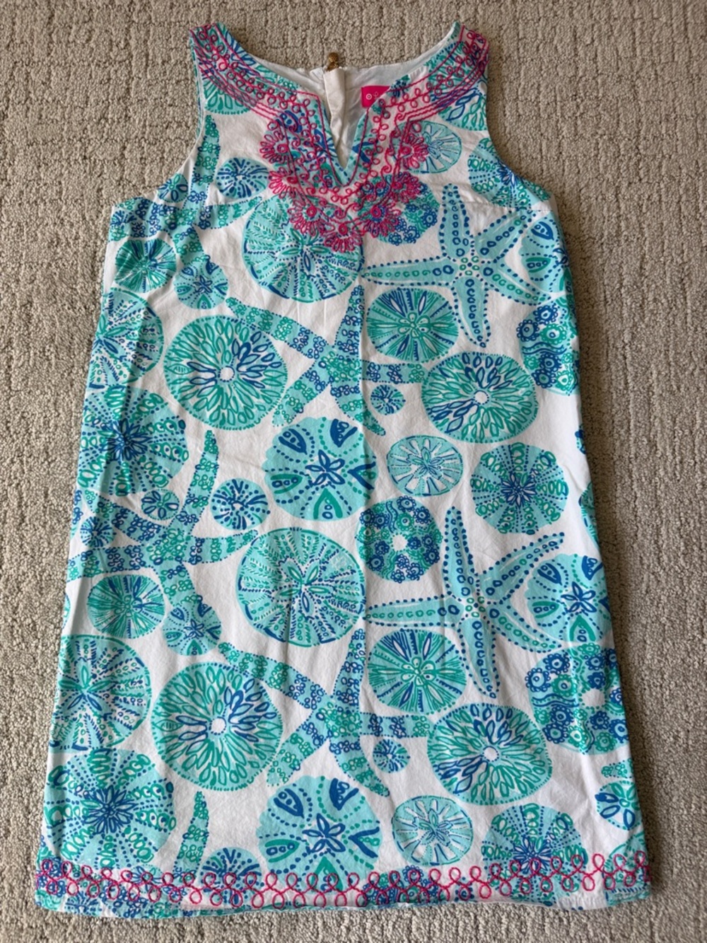 Lilly Pulitzer White Dress with Teal, Aqua, Blue and Pink Embroidery